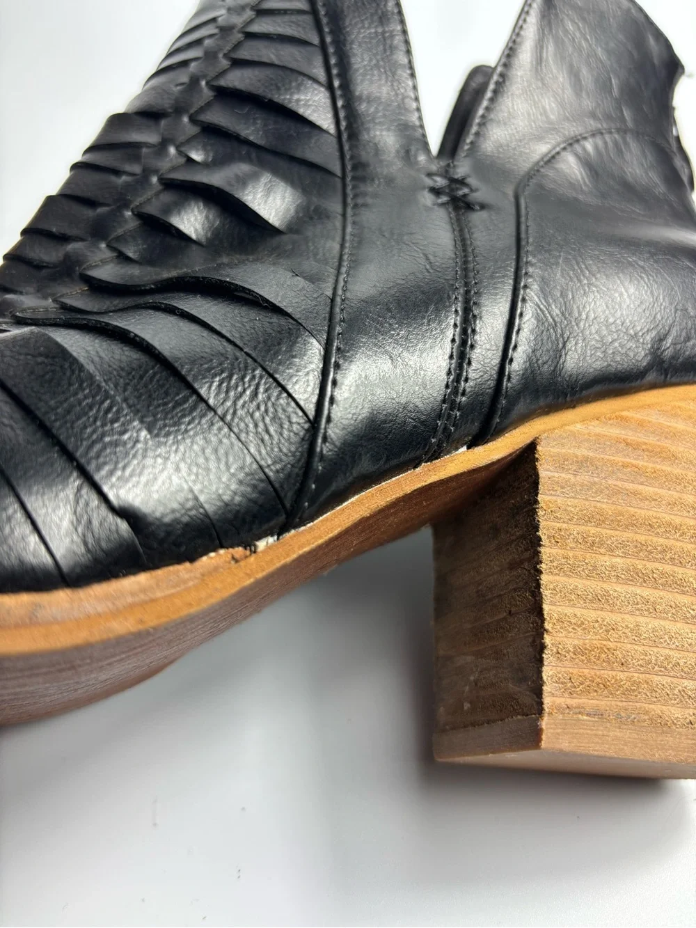 Beast Fashion Black Leather Ankle Block Heels Woven Strappy Boots Women Size 10